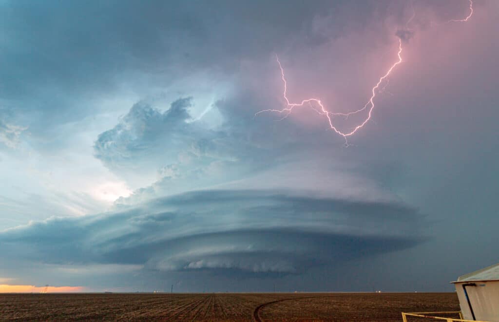 Lightning around an updraft of a sculpted LP supercell north of Liberal, Kansas on May 21, 2020