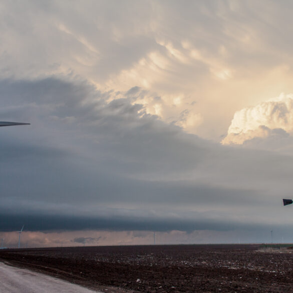 Old and new windmills in front of a supercell in the Texas Panhandle on April 12, 2015