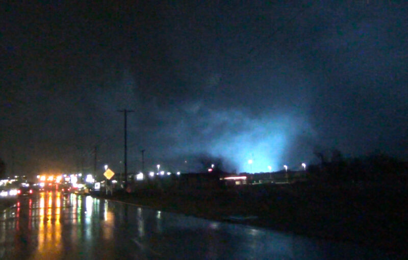 The Rowlett EF-4 Tornado impacts the city after dark on the evening of December 26, 2015