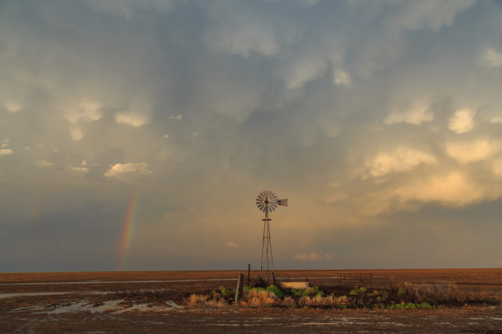 Windmill with Mammatus and Rainbow behind it