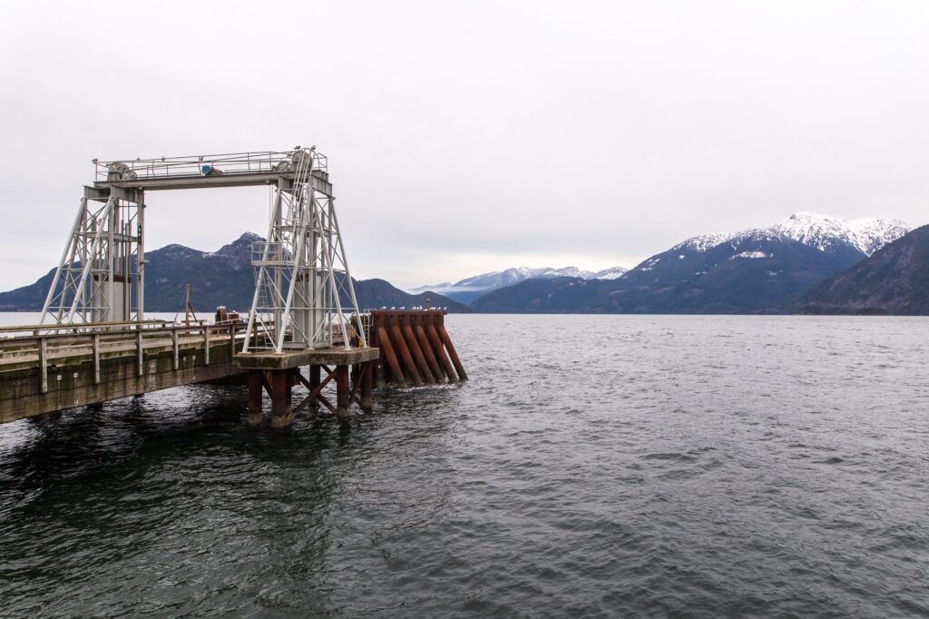 Dock and Mountains in Porteau Cove Provincial Park near Vancouver, WA