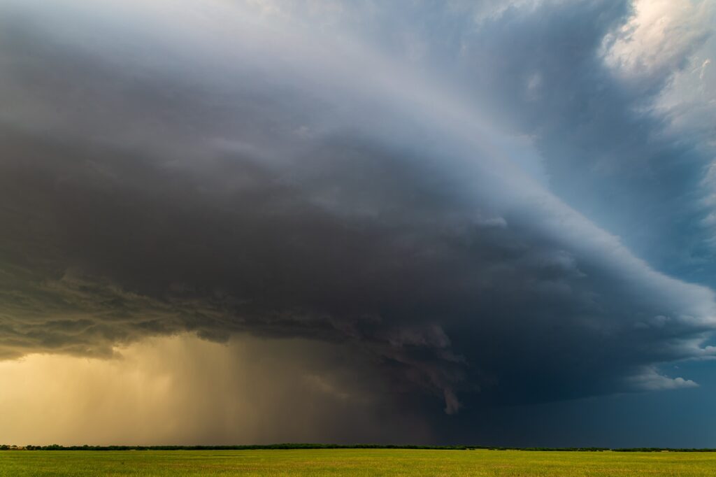 A supercell rolls over a wheat field in North Texas on May 7, 2020