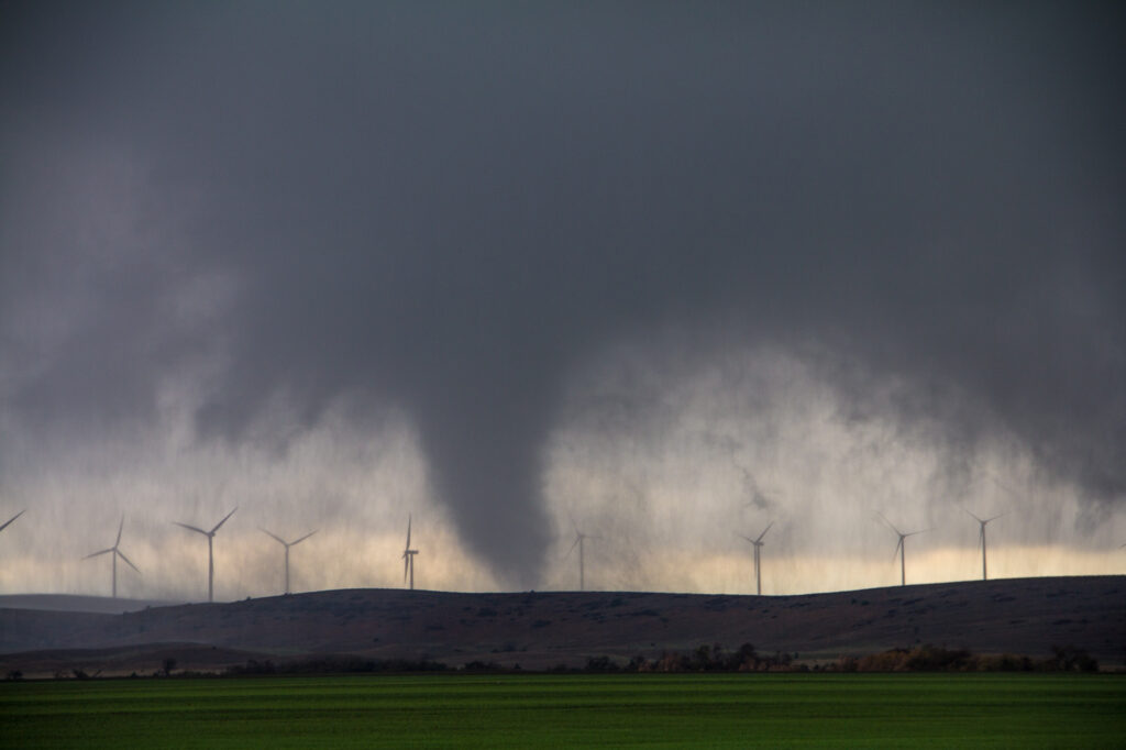 A tornado rips through a windfarm in the Wichita Mountain Wildlife Refuge near Saddle mountain, OK November 7, 2011