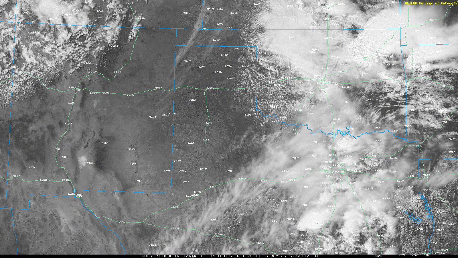 Visible Satellite Loop across Oklahoma and Texas on May 18, 2025 - 4:20 pm CST